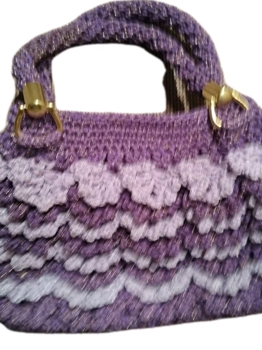 Handcrafted Purple Ruffled Crochet Handbag Gold Threading & Hardware